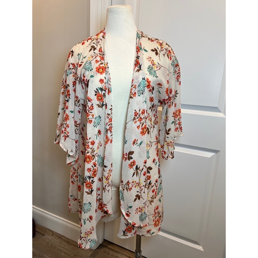 Lara Fashion Womens Kimono Cardigan Floral Print Chiffon Cream S/M